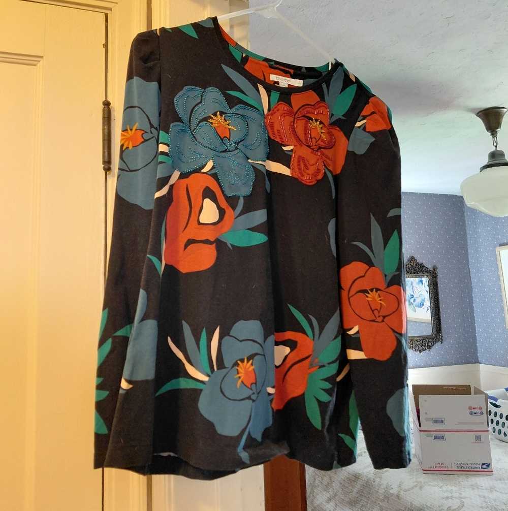 Chico's Black Top with Bold Floral Design